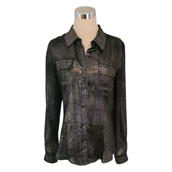 Calvin Klein Black Shimmer Texture Button Up Long Sleeve Top Size M - Picture 2 of 7